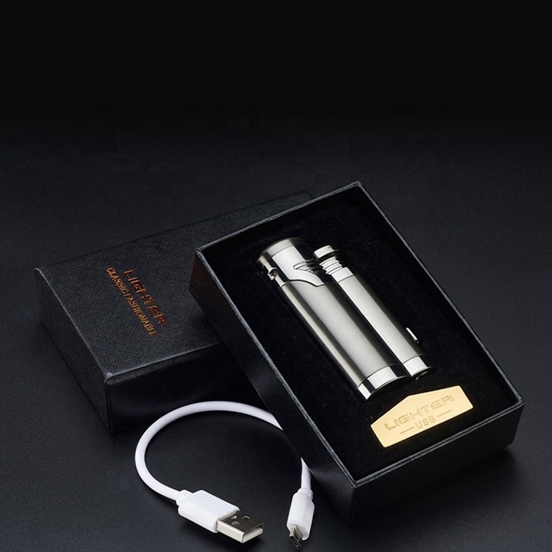 KY Modern Zinc Alloy Rechargeable Dual Arc Plasma Windproof Electric Lighter Usb with Concealed Cigar Knife