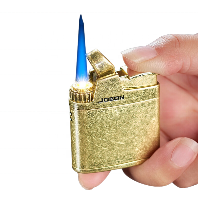 KY New Trend Vintage Gold Engraved Gas Lighter Butane Blue Flame Refillable Windproof Lighter Cigar