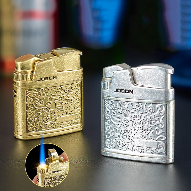 KY New Trend Vintage Gold Engraved Gas Lighter Butane Blue Flame Refillable Windproof Lighter Cigar