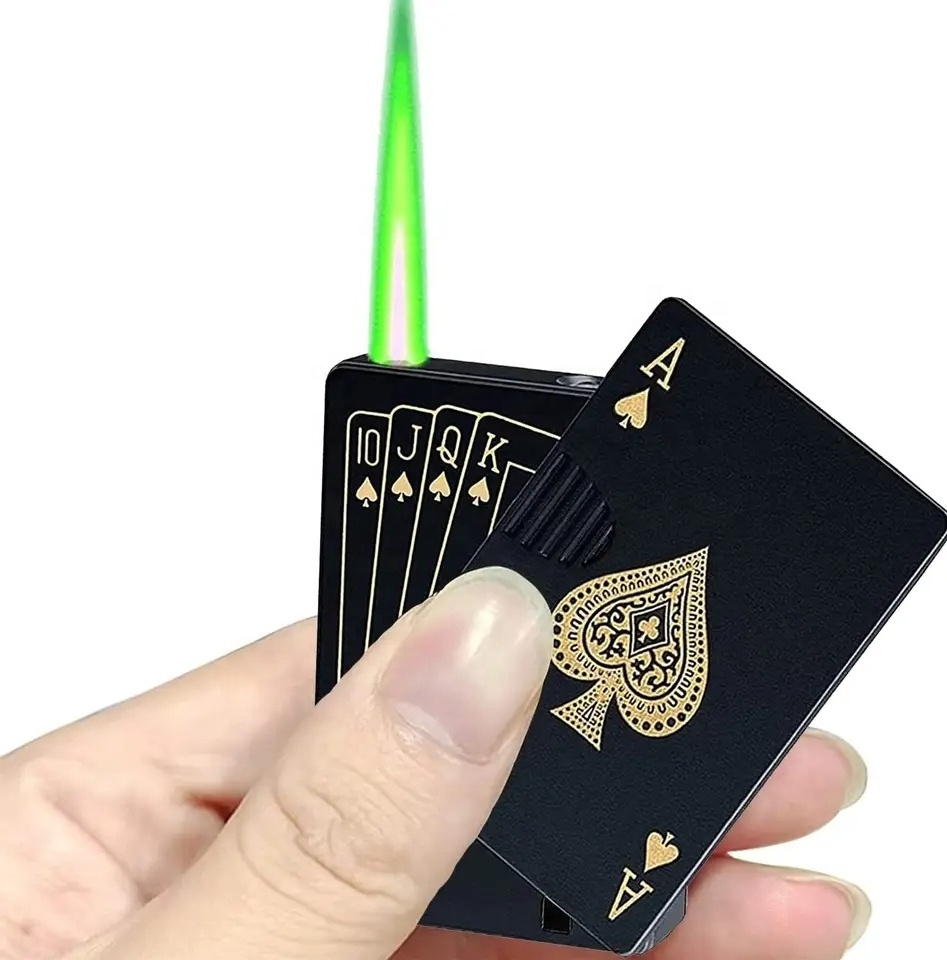 Cool Sideslip Ignition Poker Card Gas Lighter Refill Jet Torch Green Flame Ace Card Lighter With LED Light