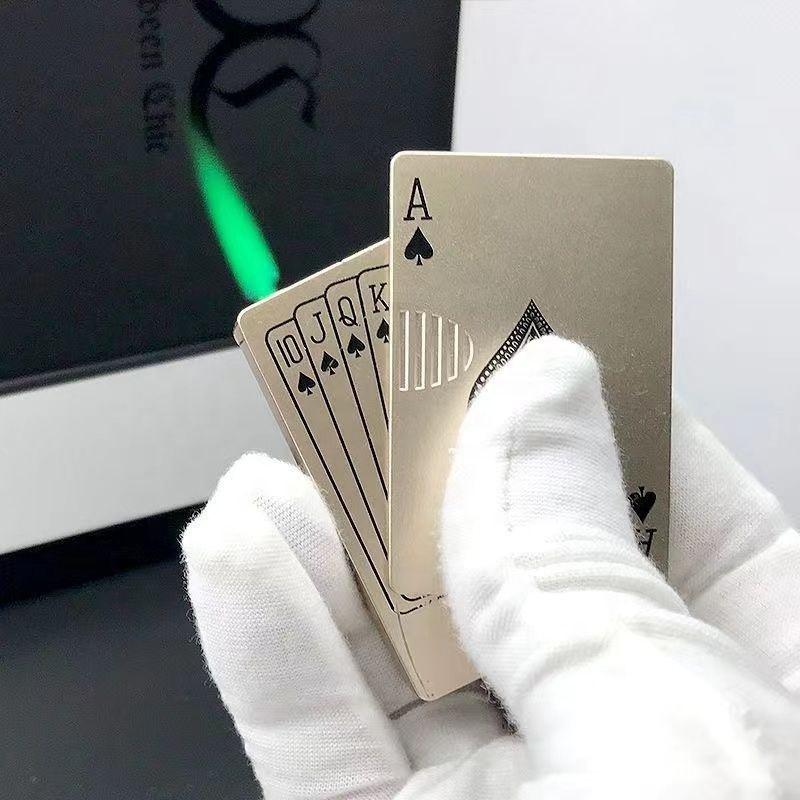 Cool Sideslip Ignition Poker Card Gas Lighter Refill Jet Torch Green Flame Ace Card Lighter With LED Light