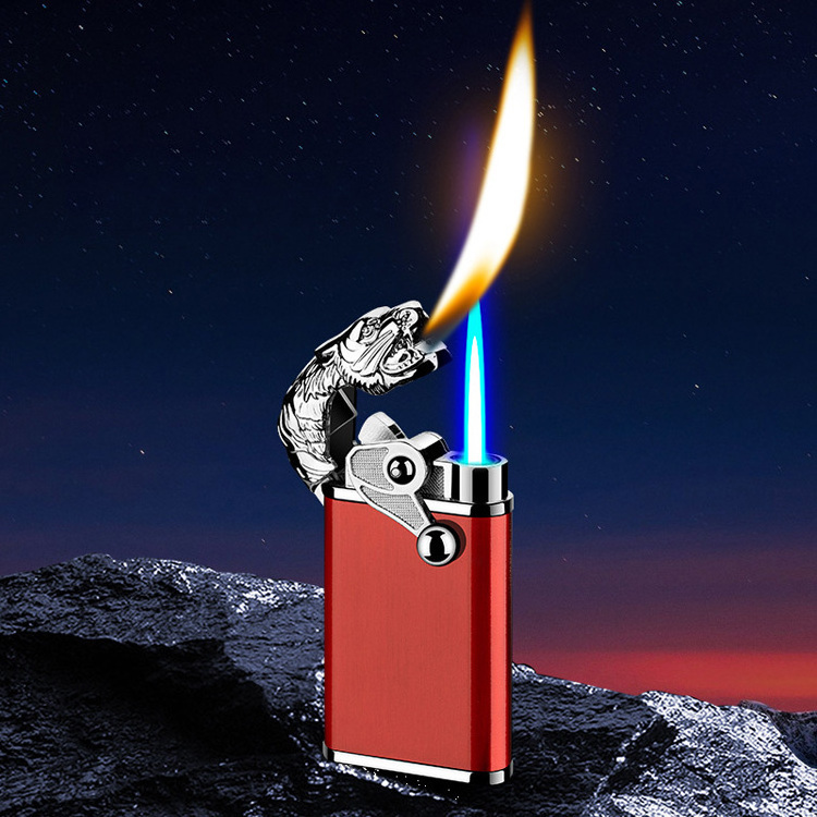 KY Wholesale Designer Creative Tiger Head Double Flame Jet Gas Refill Butane Zinc Alloy Cigar Torch Lighter