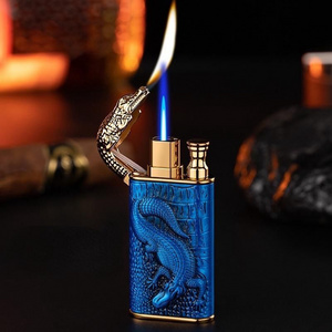 KY Vintage Embossed Crocolide Double Fire Gas Creative Windproof Direct Flame Metal Torch Lighter Butane