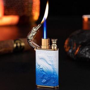 KY Unusual Metal Embossed Crocolide Double Flame Jet Gas Inflatable Vintage Torch Lighters Wholesale