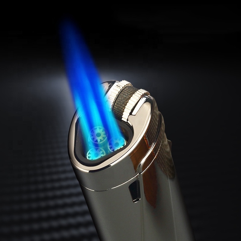 Windproof Butane Gas Refillable Triple Blue Flame Zinc Alloy Pipe Lighters For Cigars Smoking