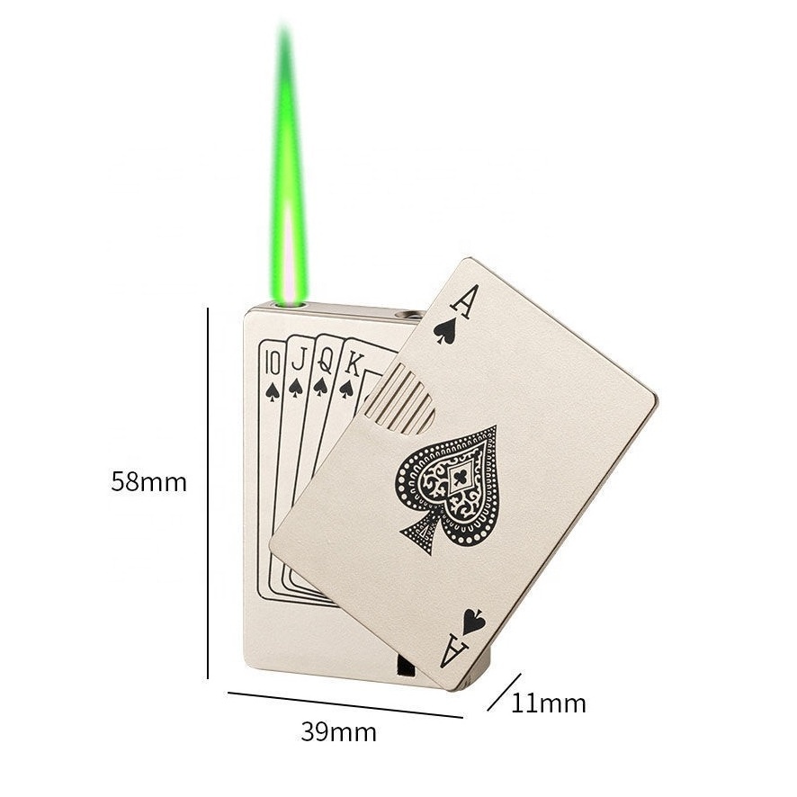 Fast Shipping Novelty Playing Card Lighter Green Color Flame Butane Gas Torch Poker Lighter For Cigar