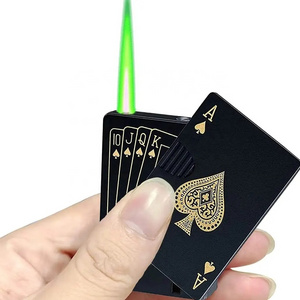 Fast Shipping Novelty Playing Card Lighter Green Color Flame Butane Gas Torch Poker Lighter For Cigar