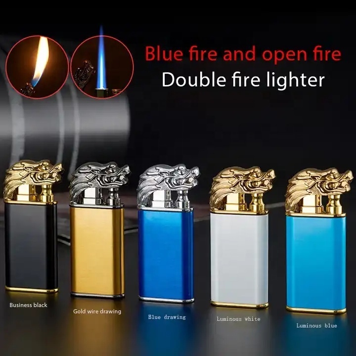 Kaiyang Wholesale Windproof Metal Black Dragon Butane Gas Refillable Lighters Fancy Dragon Design Double Fire Lighter