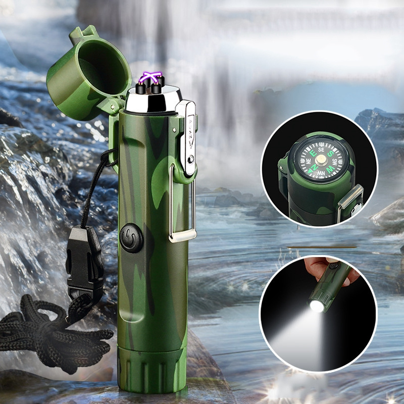 KY Best Quality Emergency Survival Waterproof Double Arc Charging Outdoor Plasma Usb Lighter with Flashlight