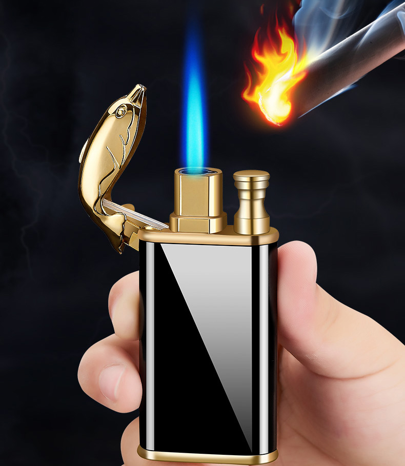 KY Hot Sale Crocodile Dolphin Double Fire Creative Direct Windproof Open Flame Luxury Jet Lighter Torch