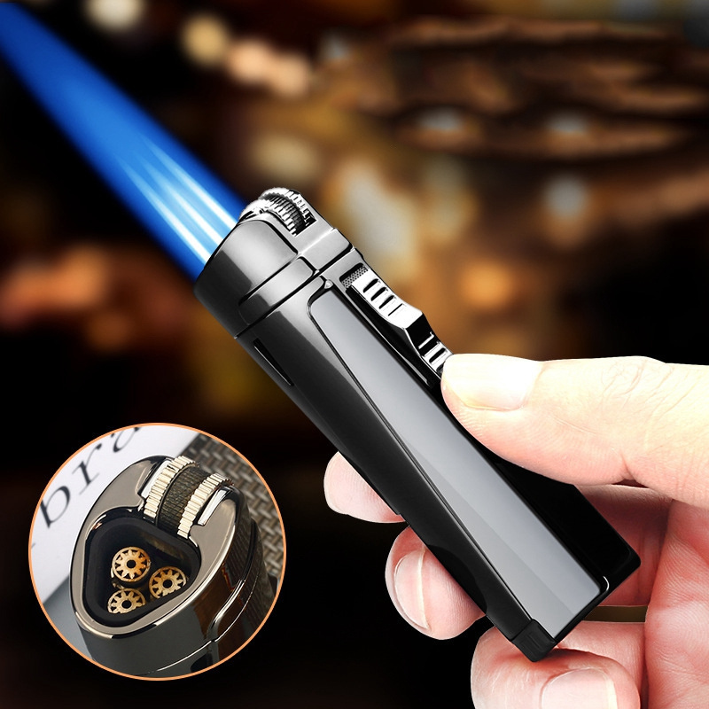 KY Metal Gas Flint Lighter Jet Butane Grinding Wheel 3 Flame Torch Turbo Windproof Outcoor Cigar Lighter Torch