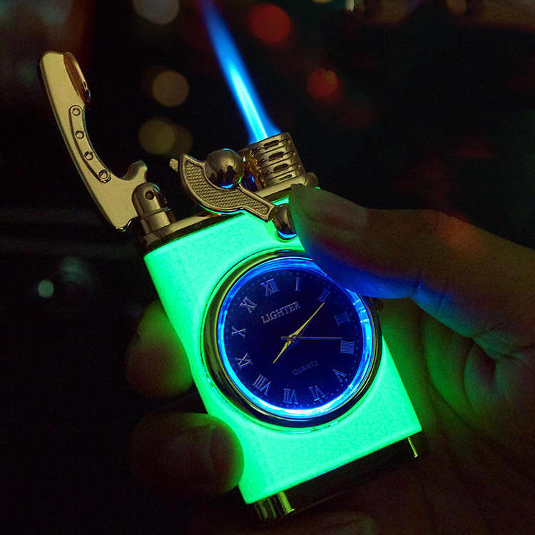 KY Luminous Inflatable Direct Flame Jet Butane Torch Metal Watch Windproof Cigarette Lighter with Light