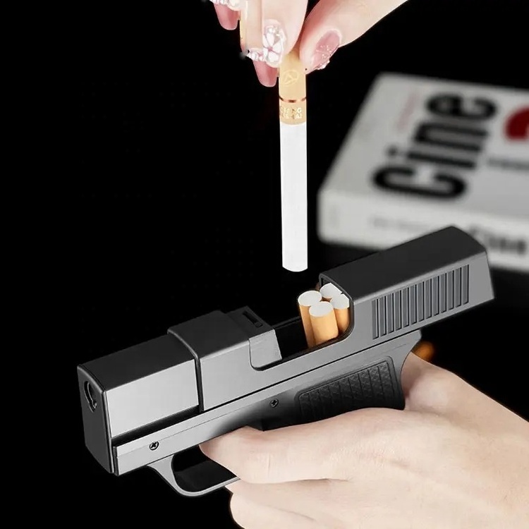 Cool Pistol Lighter with 10 Count Cigarette Case Butane Gas Lighter Soldering Gun Windproof Cigar Lighter Unusual Men's Gift