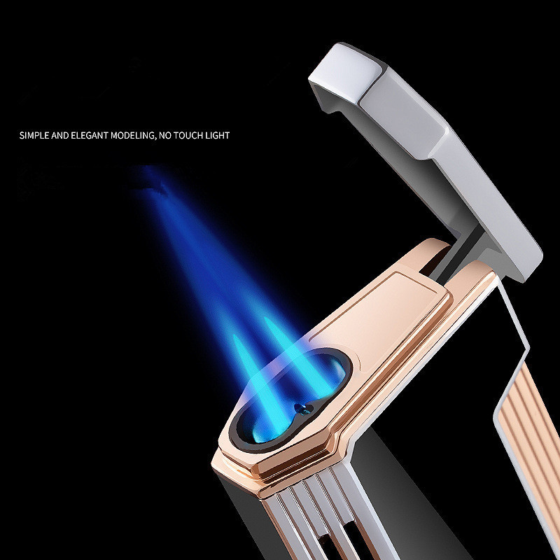 KY New Side Press Ignition Visible Window Double Blue Flame Cigar Windproof Metal Torch Lighter Butane