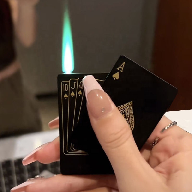 KY New Design Cheap Green Flame Butane Gas Metal Windproof Classic Fancy Magic Poker Card Lighter