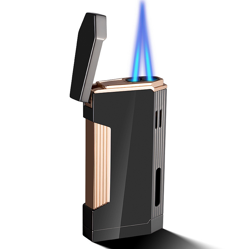 KY New Side Press Ignition Visible Window Double Blue Flame Cigar Windproof Metal Torch Lighter Butane