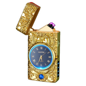 KY Hot Selling Usb Rechargeable Engraved Dual Arc Dragon Gold Luxury Electric Metal Vintage Clock Lighter for Cigar