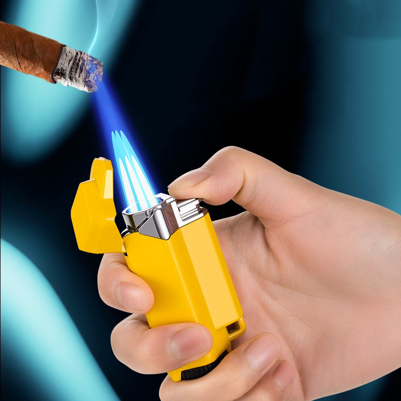 Creative High-Powered Concentrated Triple Jet Inflatable Flame Adjustable Circulating Inflatable Cigar Lighter with Flat Cap