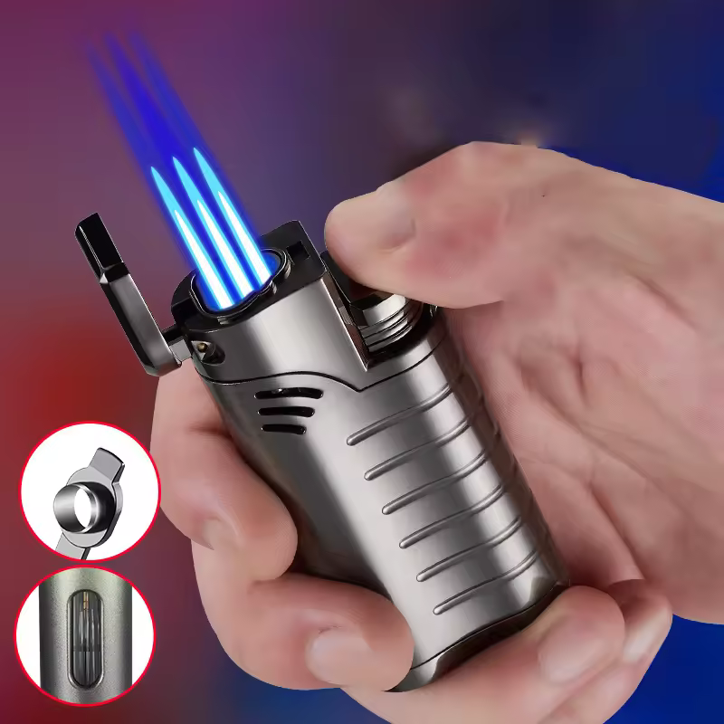 KY New Cigar Lighter Strong Triple Fire Windproof Gas Refill Butane Portable Outdoor Metal Jet Flame Lighter