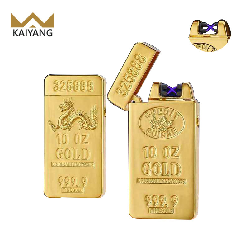 KY Luxury Gold Bar Torch Double Arc Engrave Usb Rechargeable Windproof Classic Electric Lighter Cigarette