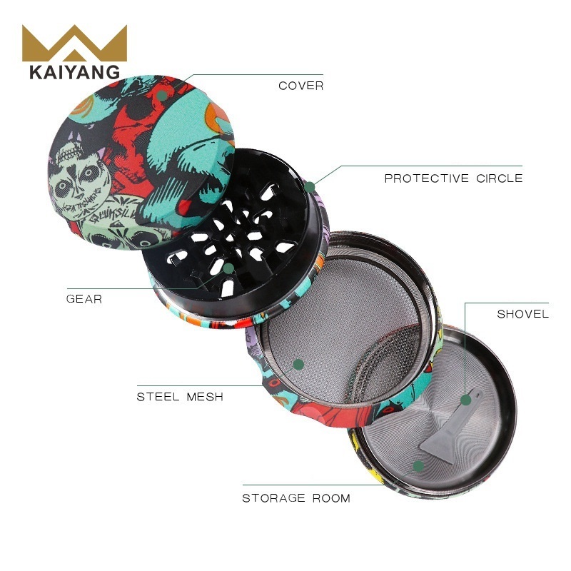 4 Piece Herb Grinder colorful printing Large 2.5 inch drum Upgraded Version Spice herb grinder stainless steel