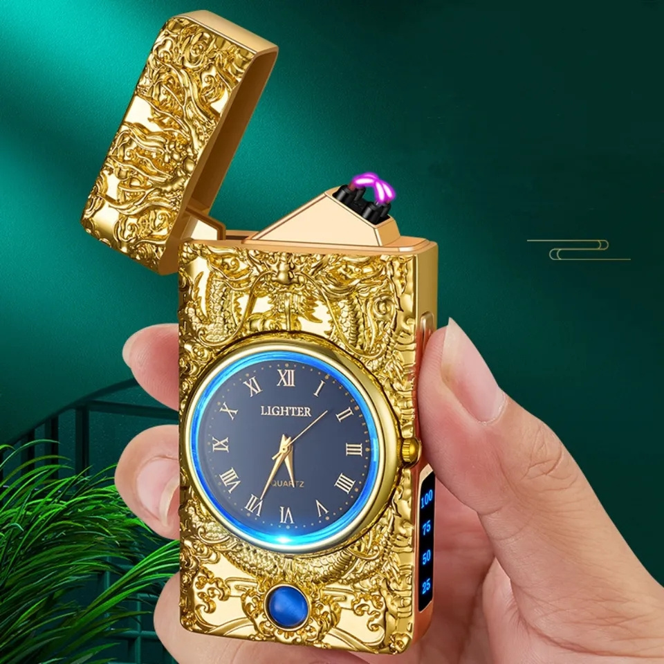 KY Hot Selling Usb Rechargeable Engraved Dual Arc Dragon Gold Luxury Electric Metal Vintage Clock Lighter for Cigar