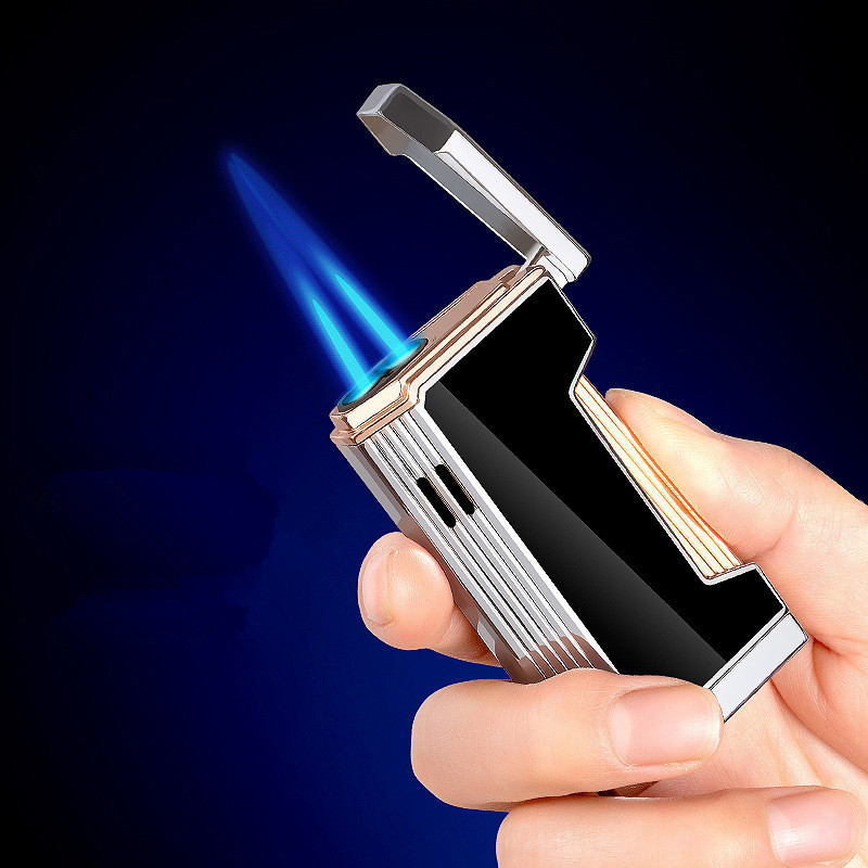 KY New Side Press Ignition Visible Window Double Blue Flame Cigar Windproof Metal Torch Lighter Butane