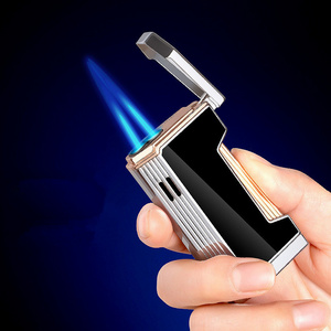 KY New Side Press Ignition Visible Window Double Blue Flame Cigar Windproof Metal Torch Lighter Butane