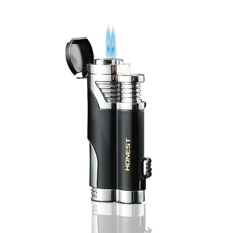 KY Stylish Gas Lighter with Cigar Cutter Double Flame Cigarette Inflatable Metal Butane Lighter Torches