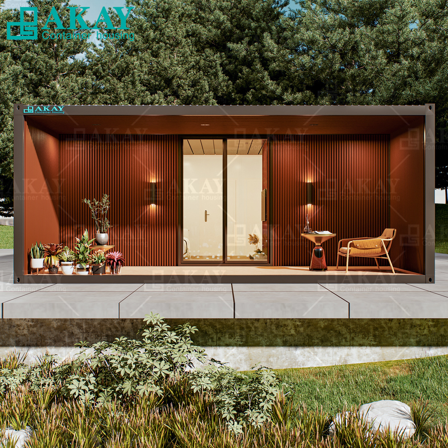 Two bedrooms and one living room with brown wall panels and three connected container house quickly assembled with a balcony