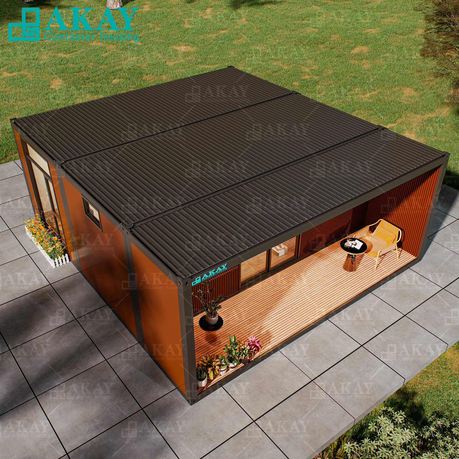 Two bedrooms and one living room with brown wall panels and three connected container house quickly assembled with a balcony