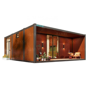 Two bedrooms and one living room with brown wall panels and three connected container house quickly assembled with a balcony