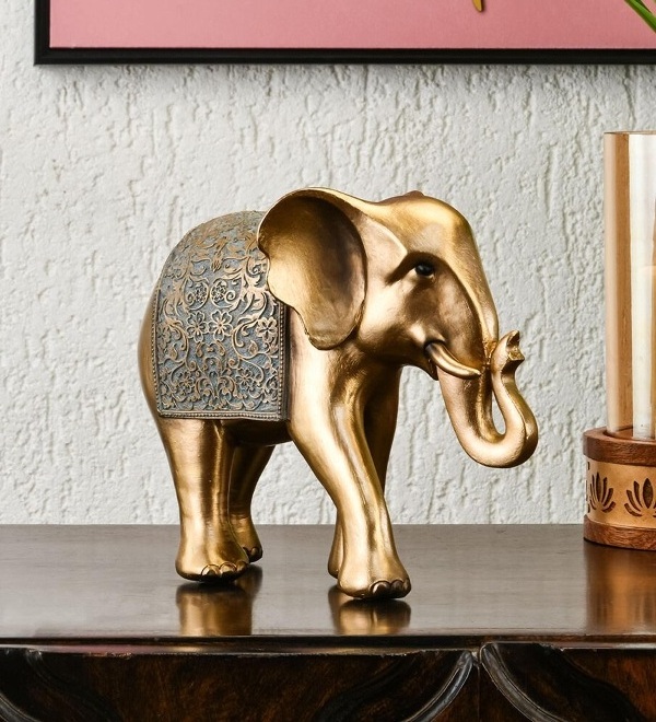 Curl Trunk Elephant Grey & Gold Polyresin Animal Figurine Modern Elephant Grey & Gold Curl Trunk Polyresin Animal Figurine