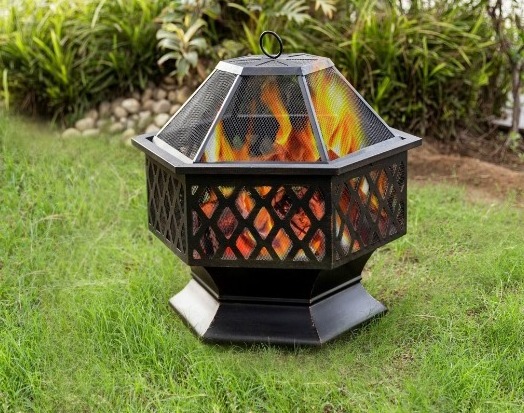 Wholesale outdoor metal wood burning Hex-Shaped fire pit with bbq grill for garden/backyard/patio