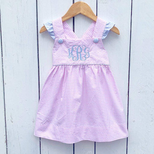 Easter little girl kneen length pink gingham woven cotton dress toddler girl flutter sleeves cotton kids girl sundress