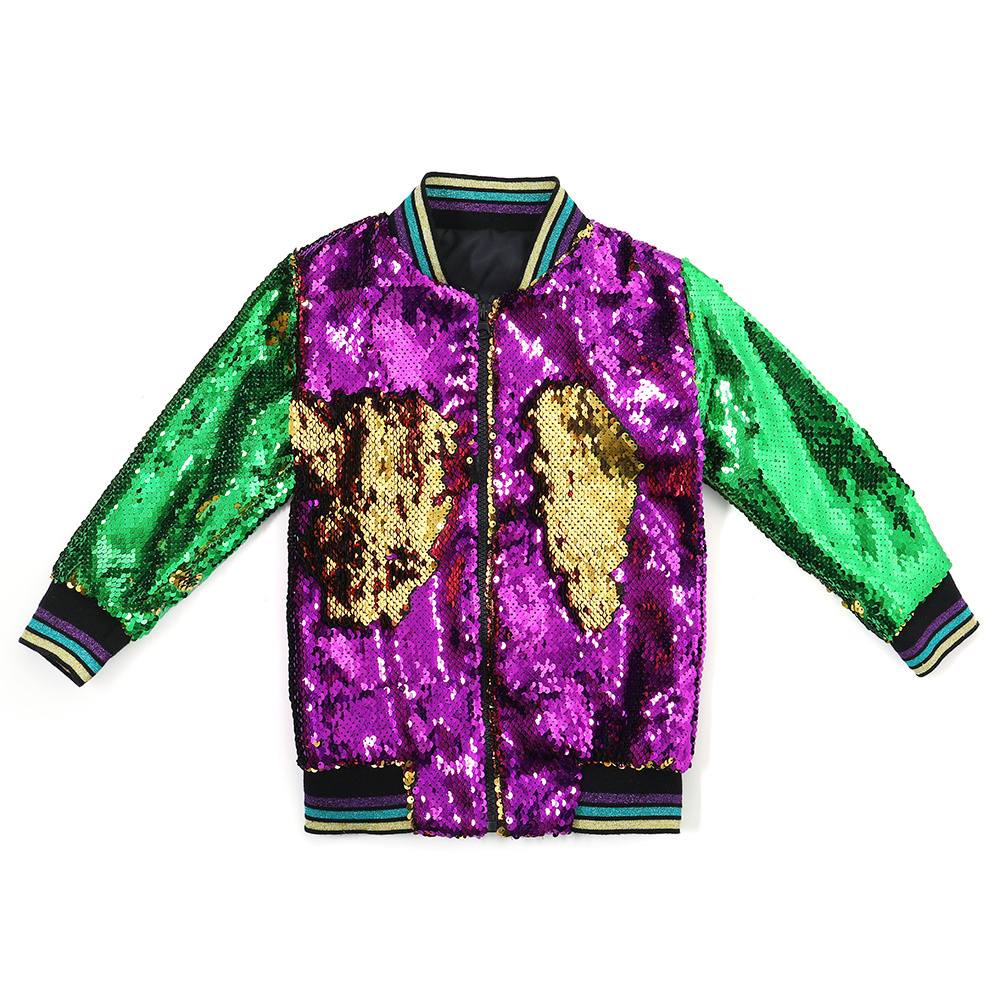 RTS Baby  Kids Girl  Mardi Gras Outfit Reversible Sequin Jacket Woman Zipper  Golden Purple Green Top Shirt