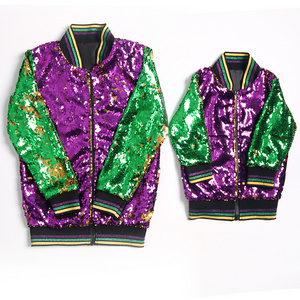 RTS Baby  Kids Girl  Mardi Gras Outfit Reversible Sequin Jacket Woman Zipper  Golden Purple Green Top Shirt