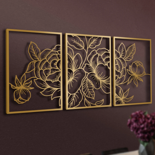 Ak Brass Laser Cut Flower 3 Panel Metal Wall Art /Kids Room Art / Bedroom Art For Home Decorative