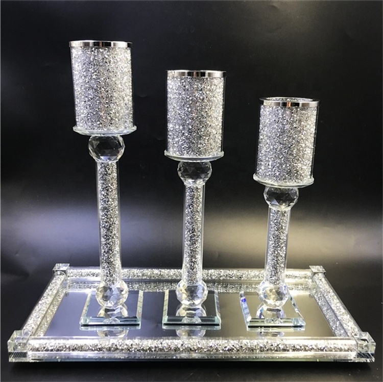 Factory supply wedding or home decoration crystal diamond crushed inside bling glass candlestick holders