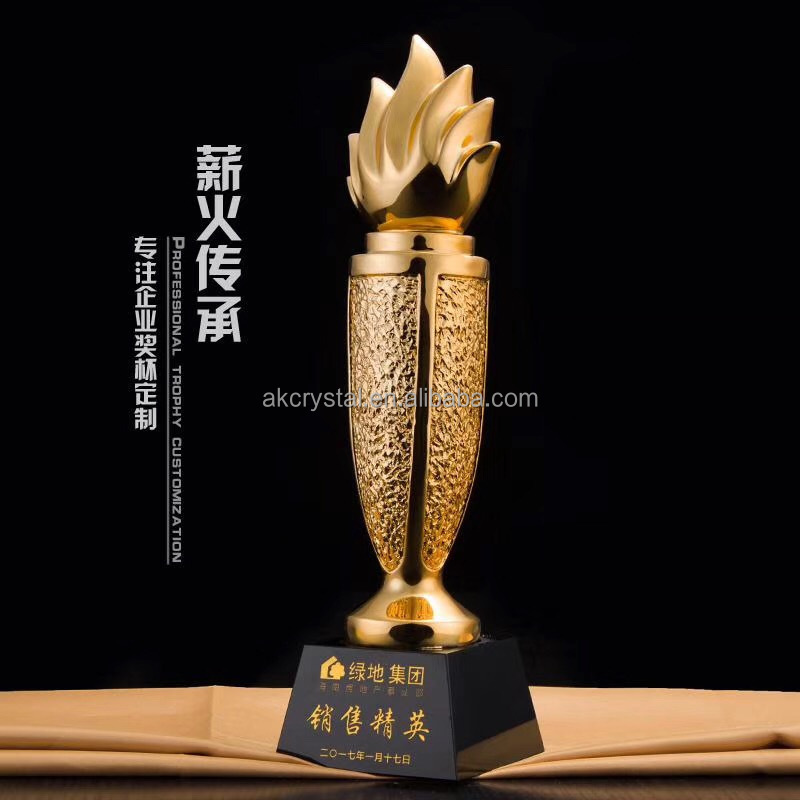 Wholesale sports award black crystal base gold resin torch trophy, crystal trophy cup, gold torch award trophy