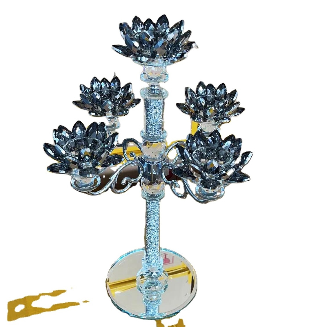 Shining 5 arms crystal candelabra centerpiece wedding party decoration black coated crystal glass lotus candle holder