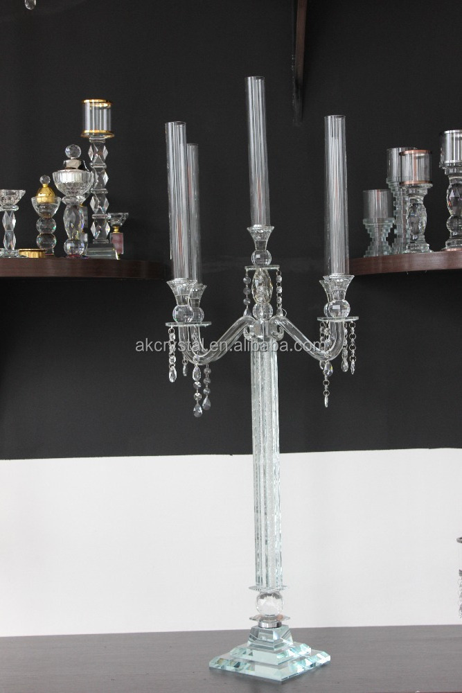 100 110 120CM Romantic Long Glass Tube 5 Arms Candle Holder Crystal Candelabra Wedding Table Centerpieces