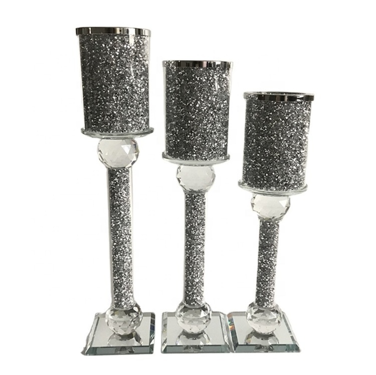 Factory supply wedding or home decoration crystal diamond crushed inside bling glass candlestick holders