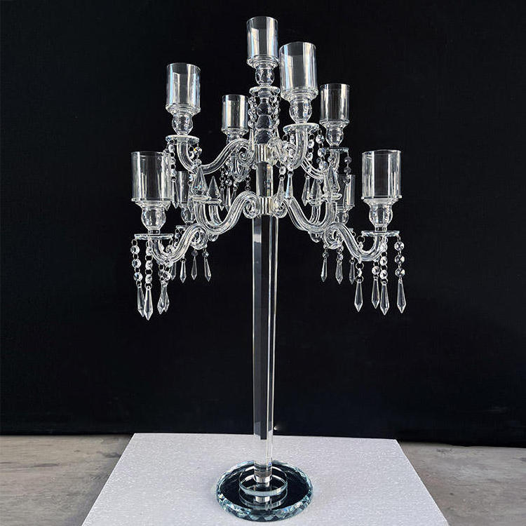 Wholesale Luxury Design Clear 9 Arms Crystal Candle Holder Glass Candelabra For Wedding Centerpieces