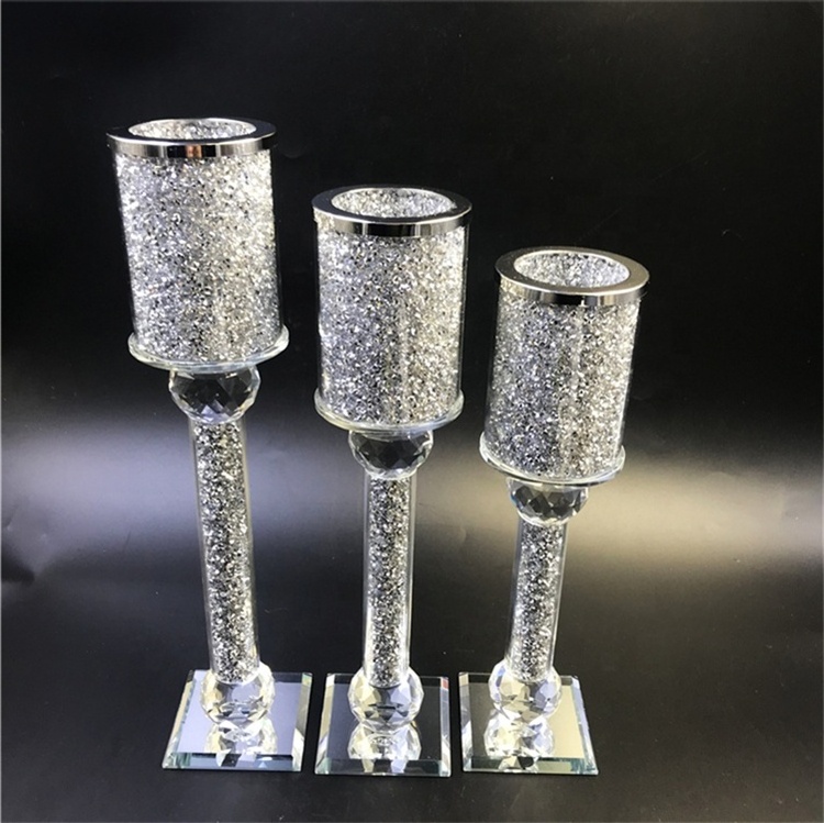 Factory supply wedding or home decoration crystal diamond crushed inside bling glass candlestick holders