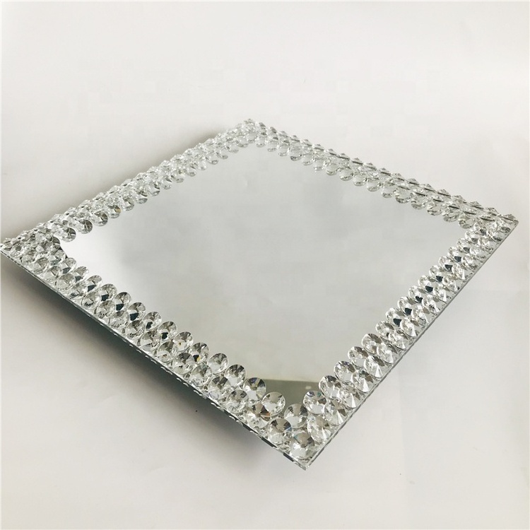 Wholesale wedding event dinnerware type square silver beaded clear glass charger plates mirror fruit or dessert plates