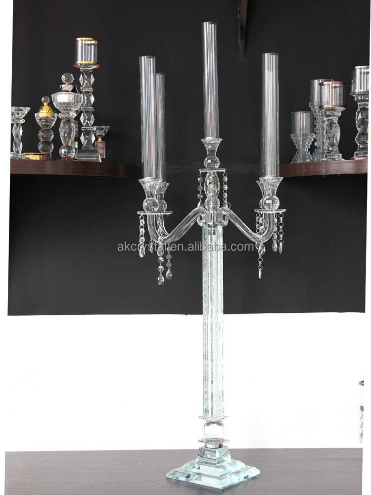 100 110 120CM Romantic Long Glass Tube 5 Arms Candle Holder Crystal Candelabra Wedding Table Centerpieces