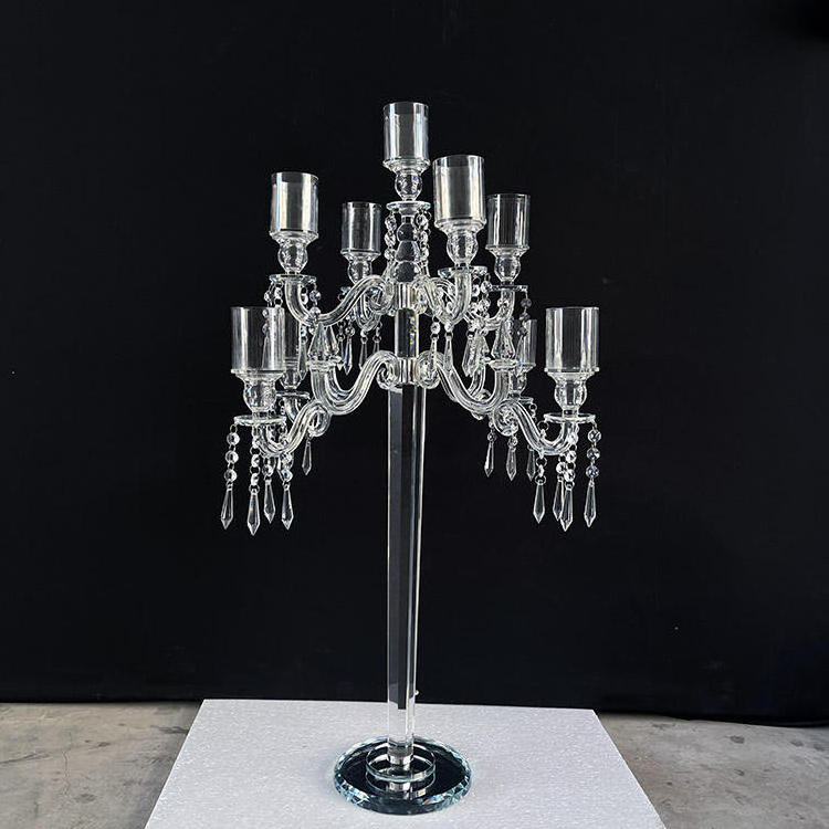 Wholesale Luxury Design Clear 9 Arms Crystal Candle Holder Glass Candelabra For Wedding Centerpieces