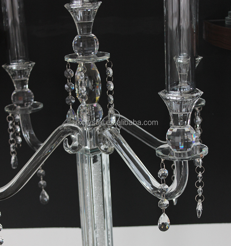 100 110 120CM Romantic Long Glass Tube 5 Arms Candle Holder Crystal Candelabra Wedding Table Centerpieces