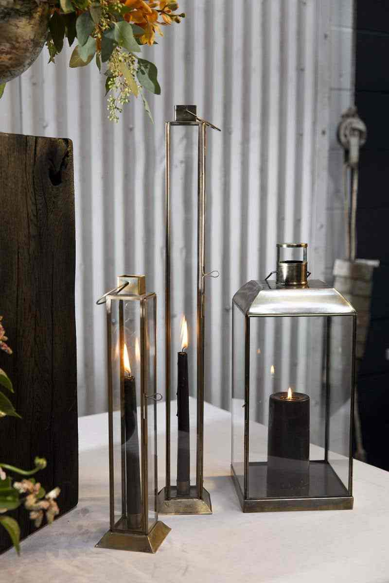 Tall Mercury Glass Candle Lantern Brass Frame Tabletop Modern Slim Candlestick Holder for Home Garden and Wedding Decorations